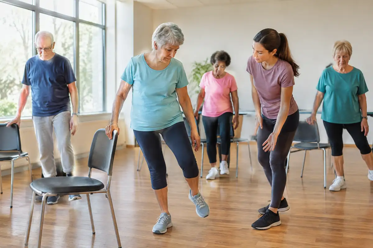Cours de gymnastique douce en salle : une participante travaille l’équilibre avec une chaise stable à proximité.