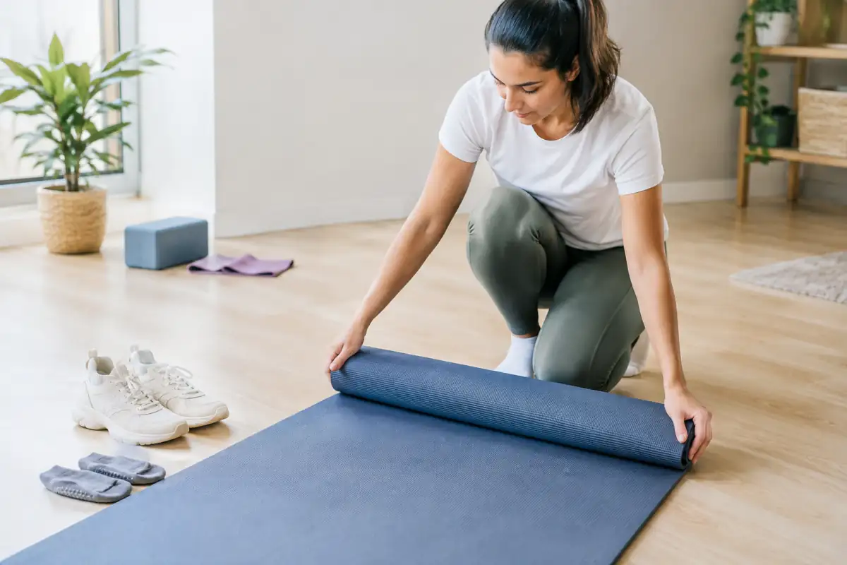 Débutante testant l’adhérence d’un tapis de gymnastique douce, avec chaussures d’intérieur et chaussettes antidérapantes à proximité.