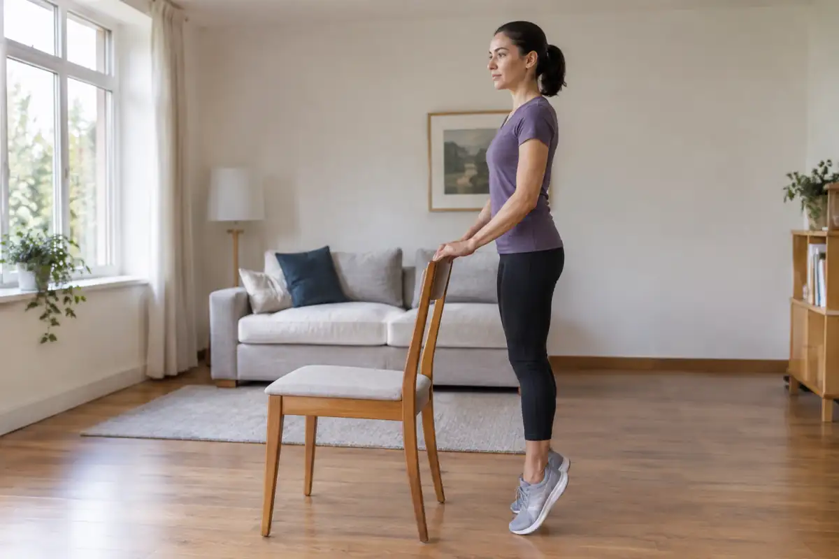 Personne debout derrière une chaise stable, mains en appui, qui monte doucement sur la pointe des pieds à la maison.