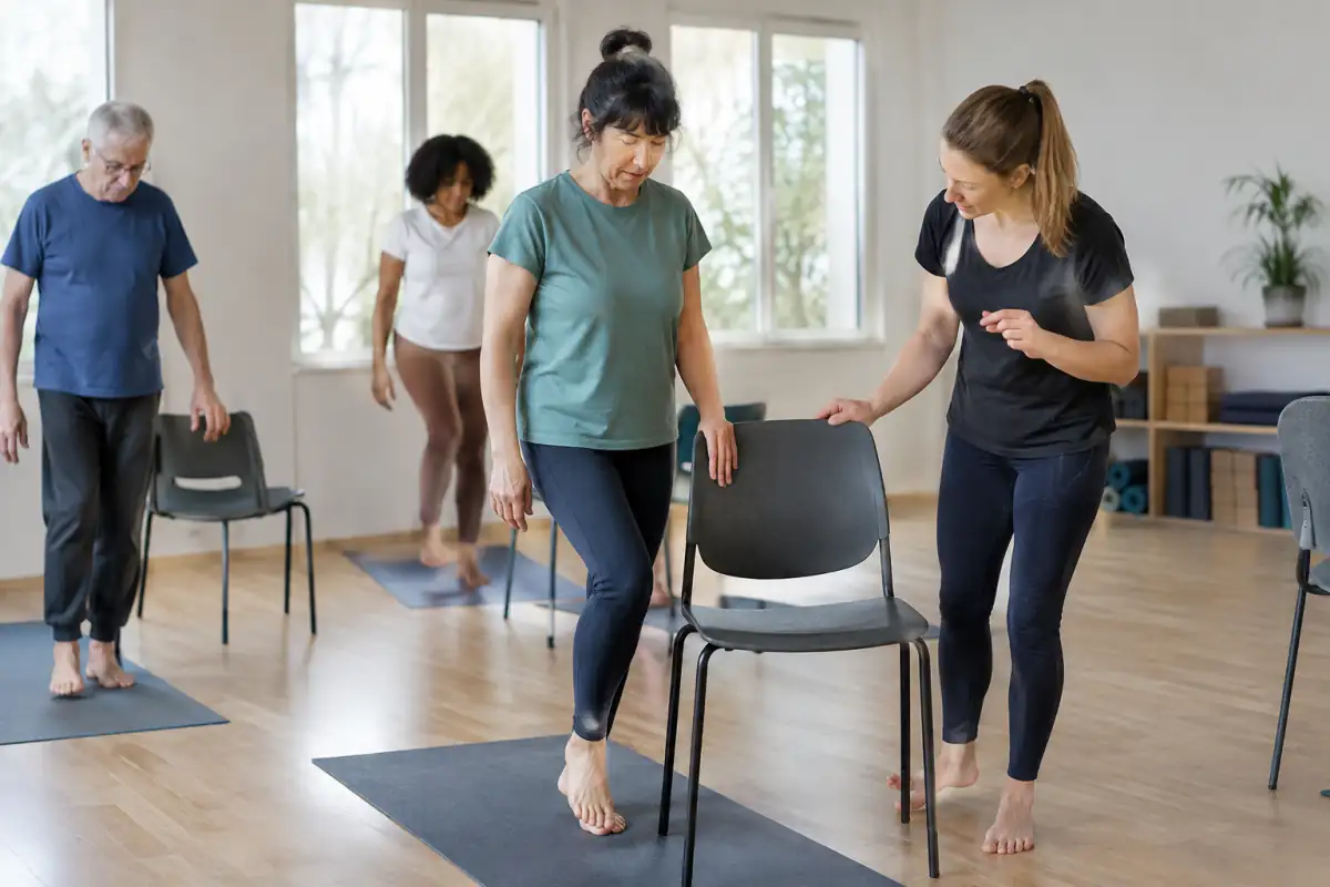 Séance de gymnastique posturale en salle : une pratiquante travaille son équilibre près d’une chaise stable.