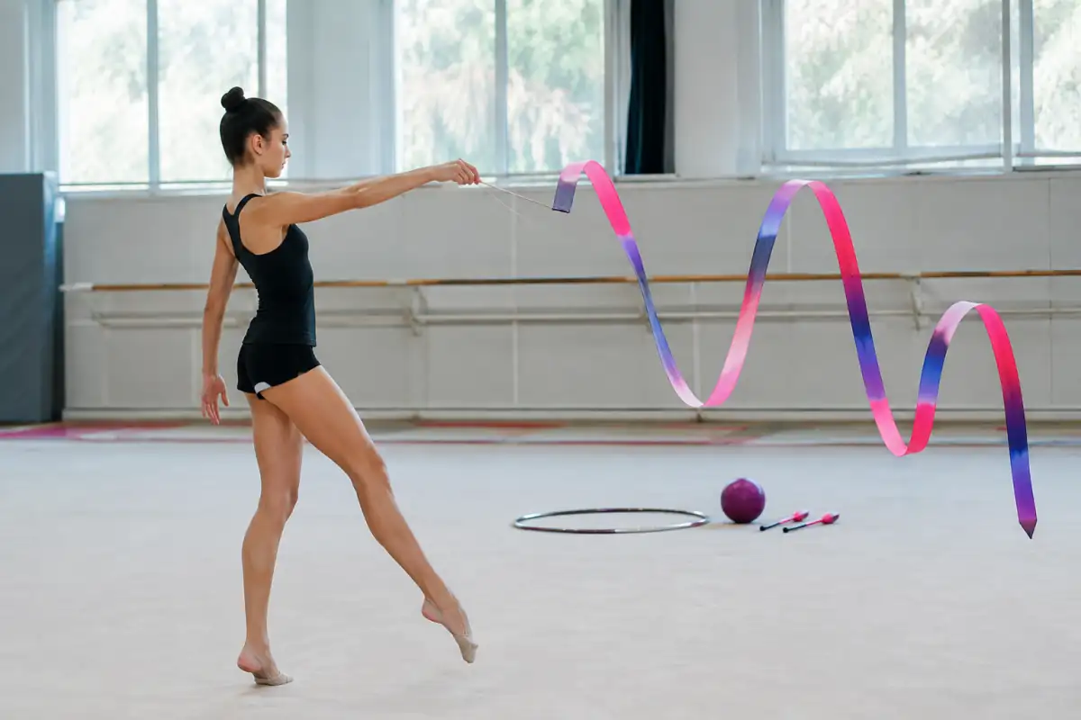 Gymnaste travaillant des serpents au ruban dans une salle, avec cerceau, ballon et massues posés à proximité.