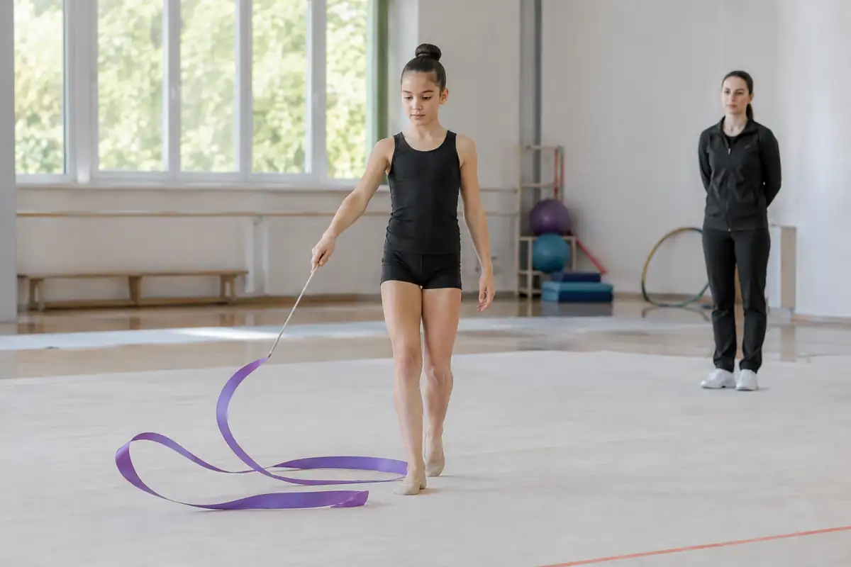 Débutante en gymnastique rythmique travaillant lentement le ruban et sa coordination sous le regard d’un entraîneur.