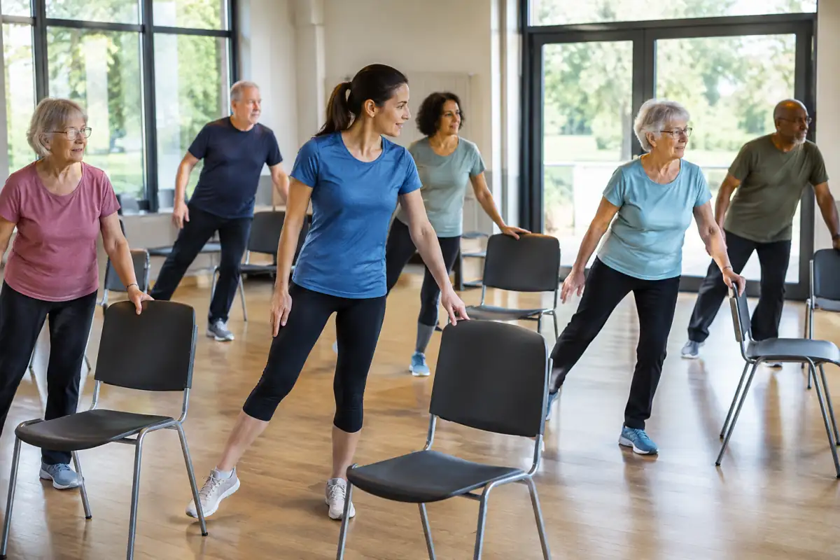 Séance de gymnastique senior en salle : des participants travaillent leur équilibre près de chaises stables avec une encadrante.
