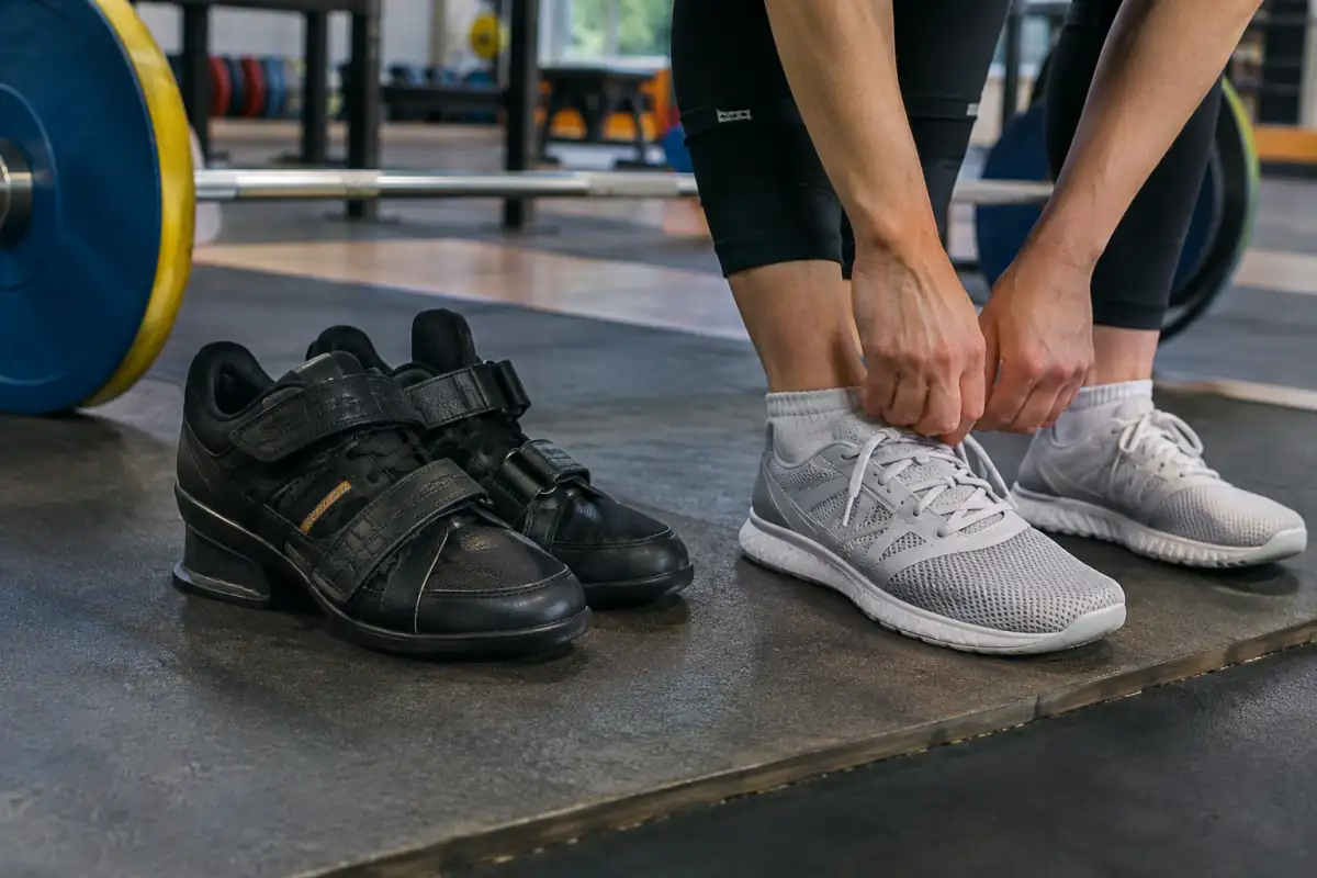 Chaussures d’haltérophilie à talon surélevé essayées près d’une barre et de disques dans une salle de club.