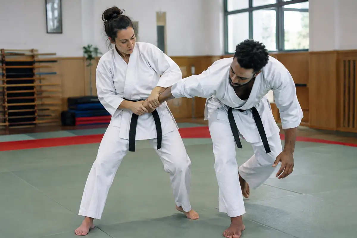 Deux pratiquants en dobok répètent une clé de poignet contrôlée dans un cours de hapkido sur tapis.