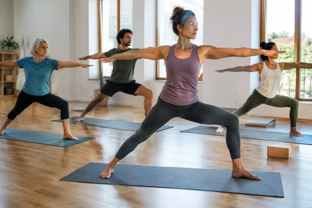 Cours de hatha yoga en studio : une enseignante montre la posture du guerrier II sur un tapis antidérapant.