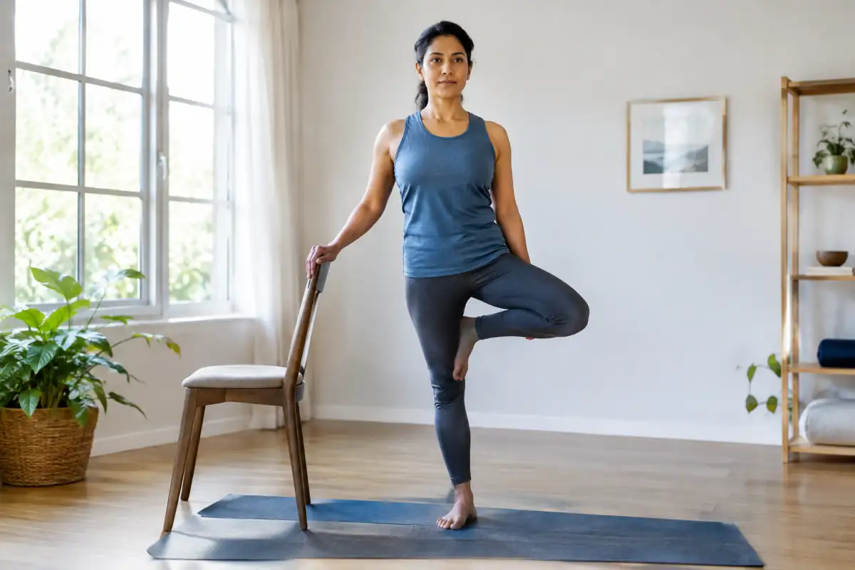 Une pratiquante travaille son équilibre en hatha yoga près d’une chaise, sur un tapis, en gardant une respiration calme.