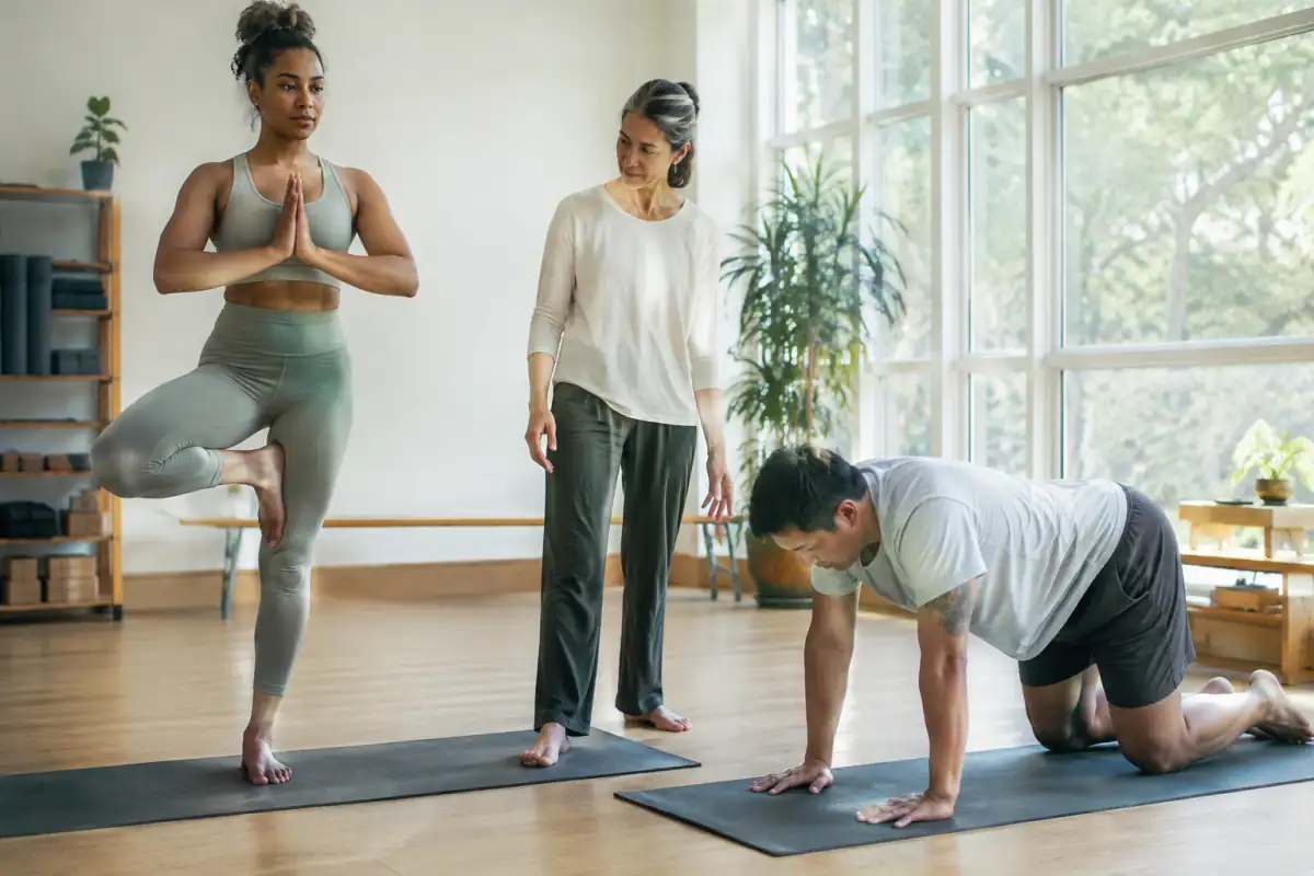 Deux pratiquants comparent une posture tenue et une transition fluide de yoga dans un studio lumineux, sous les conseils d’un enseignant.