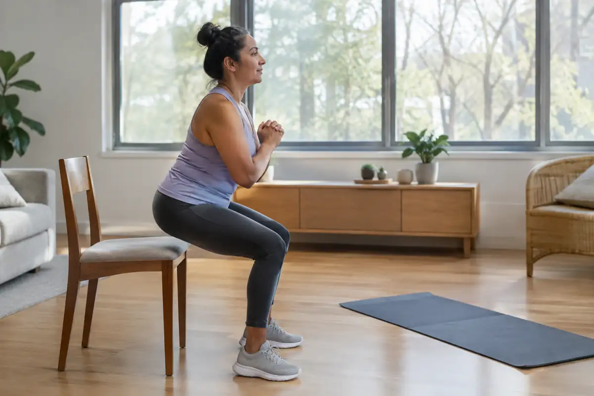 Débutant réalisant un assis-debout contrôlé pendant une séance de HIIT sans saut, avec une chaise stable dans un espace dégagé.