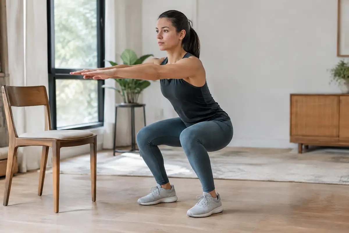 Une personne réalise un squat contrôlé dans un espace dégagé, pieds ancrés au sol et genoux alignés, avec une chaise stable à proximité.