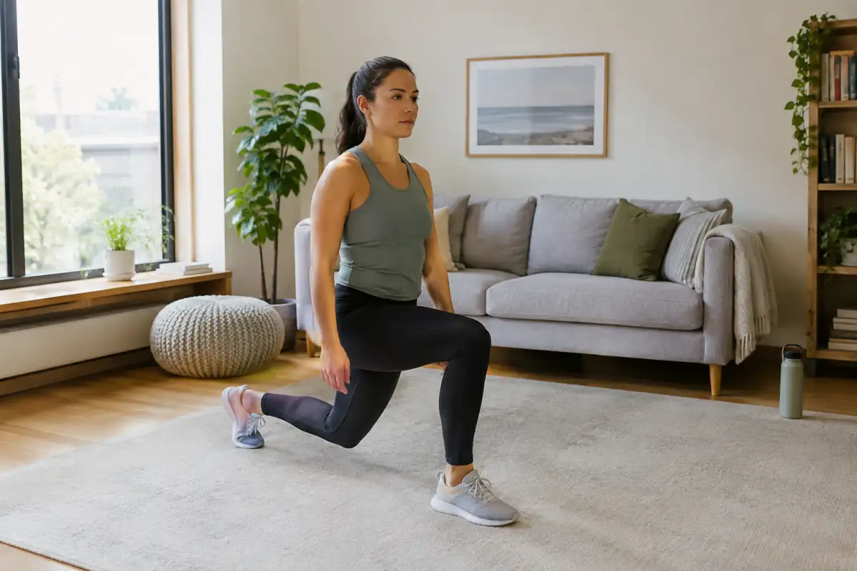 Séance de HIIT à la maison sans matériel : une personne exécute une fente arrière contrôlée dans un espace dégagé.