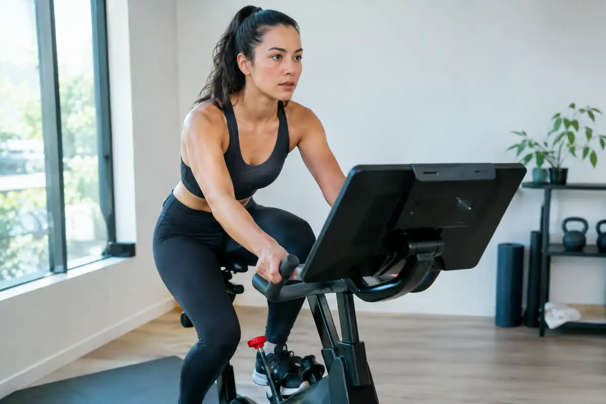 Personne pédalant sur un vélo stationnaire, posture stable, pendant un entraînement fractionné inspiré de la méthode Tabata.