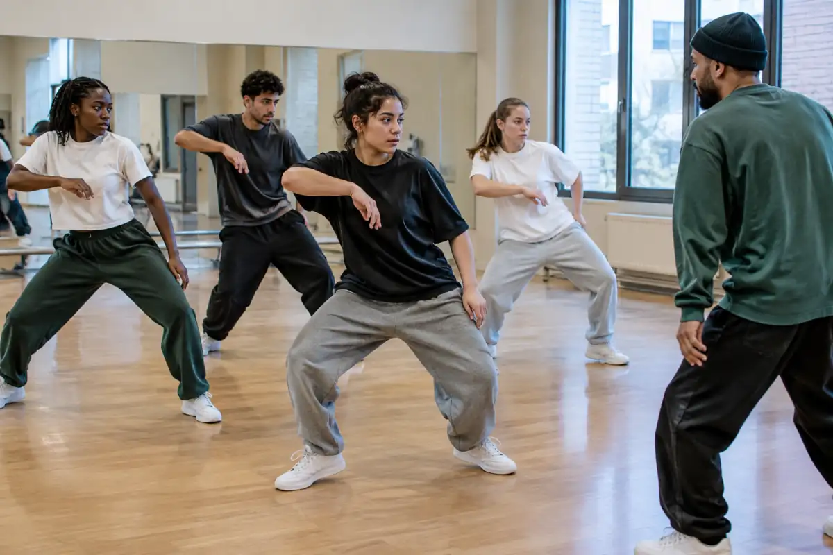 Un groupe répète une chorégraphie de hip-hop en baskets dans une salle de danse, guidé par son professeur.