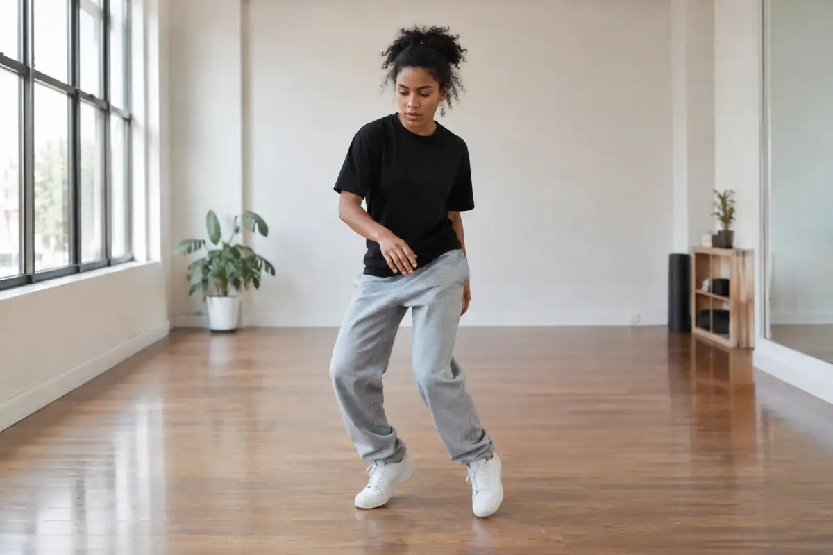 Danseuse répétant chez elle un transfert d’appui et un mouvement de bras pour travailler coordination et musicalité.