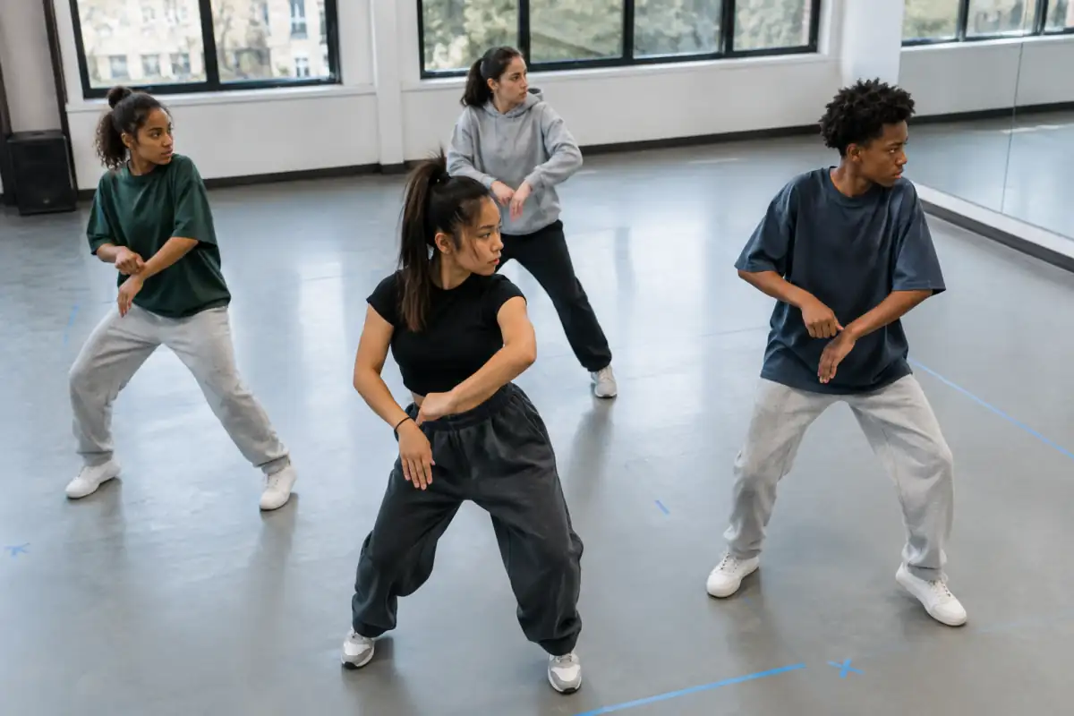 Une équipe de danseurs répète ses placements et ses déplacements sur une surface balisée avant une compétition de hip-hop chorégraphique.
