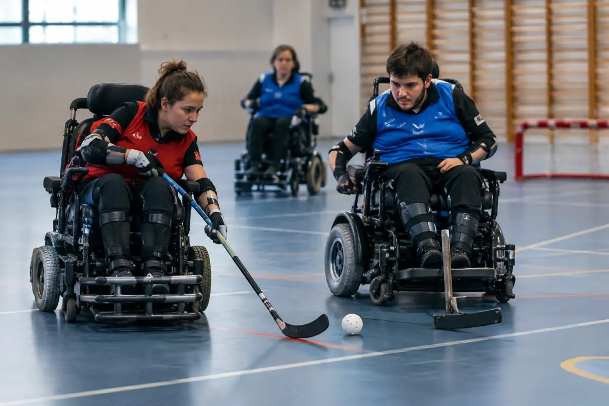 Joueurs de hockey en fauteuil électrique disputant une balle en salle, avec une crosse manuelle et un T-stick fixés aux fauteuils.