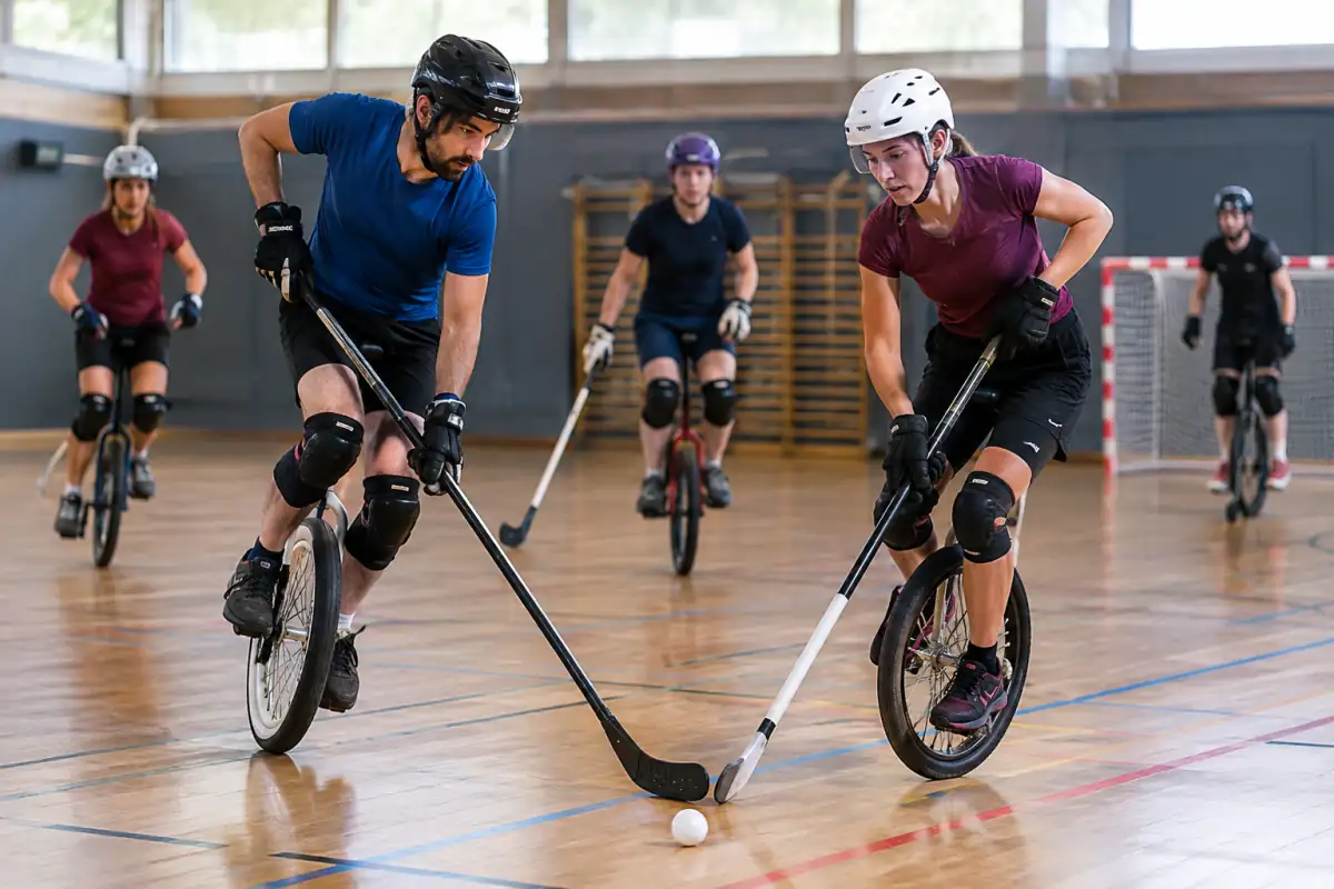Match de hockey sur monocycle dans un gymnase : joueurs en équilibre, crosse au sol et balle en jeu.