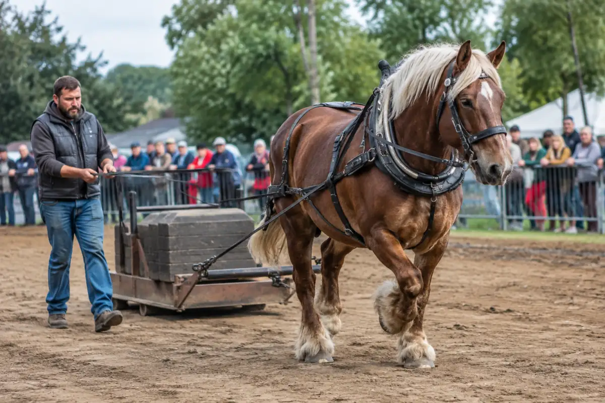 Un cheval de trait harnaché tire un traîneau chargé sur une piste de terre lors d’une épreuve de horse pulling.