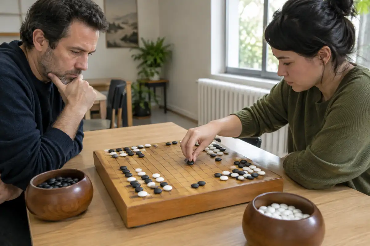 Deux joueurs étudient une partie de jeu de go sur un goban quadrillé, avec les pierres noires et blanches rangées dans leurs bols.