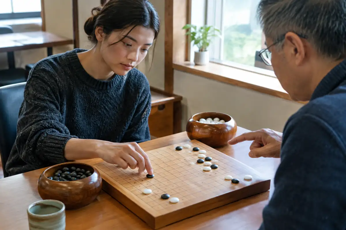 Une joueuse débutante pose une pierre noire sur un goban de 9 × 9 pendant une initiation au jeu de go en club.