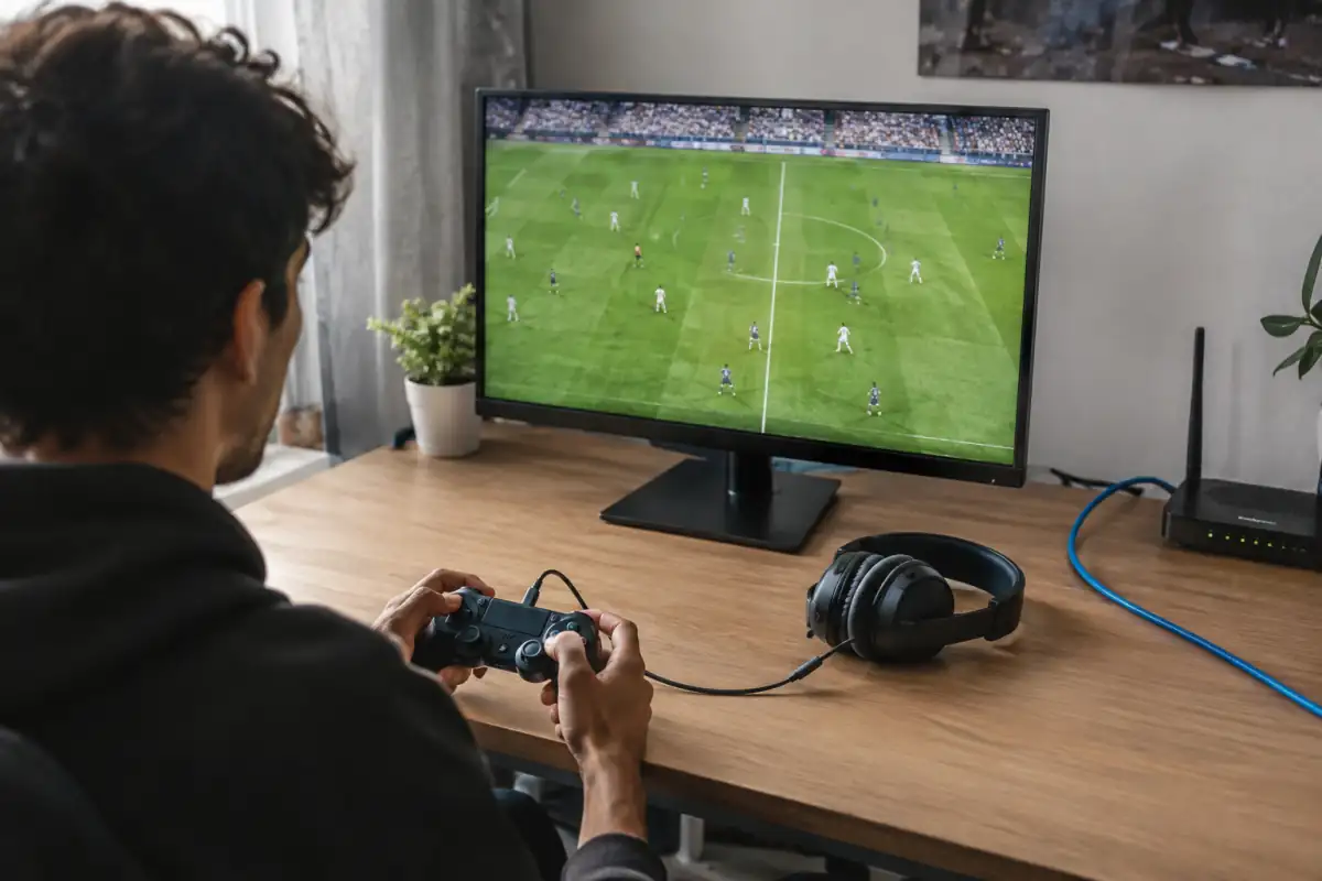 Manette filaire, écran de jeu, casque stéréo et câble Ethernet réunis dans une installation sobre pour l’e-football.