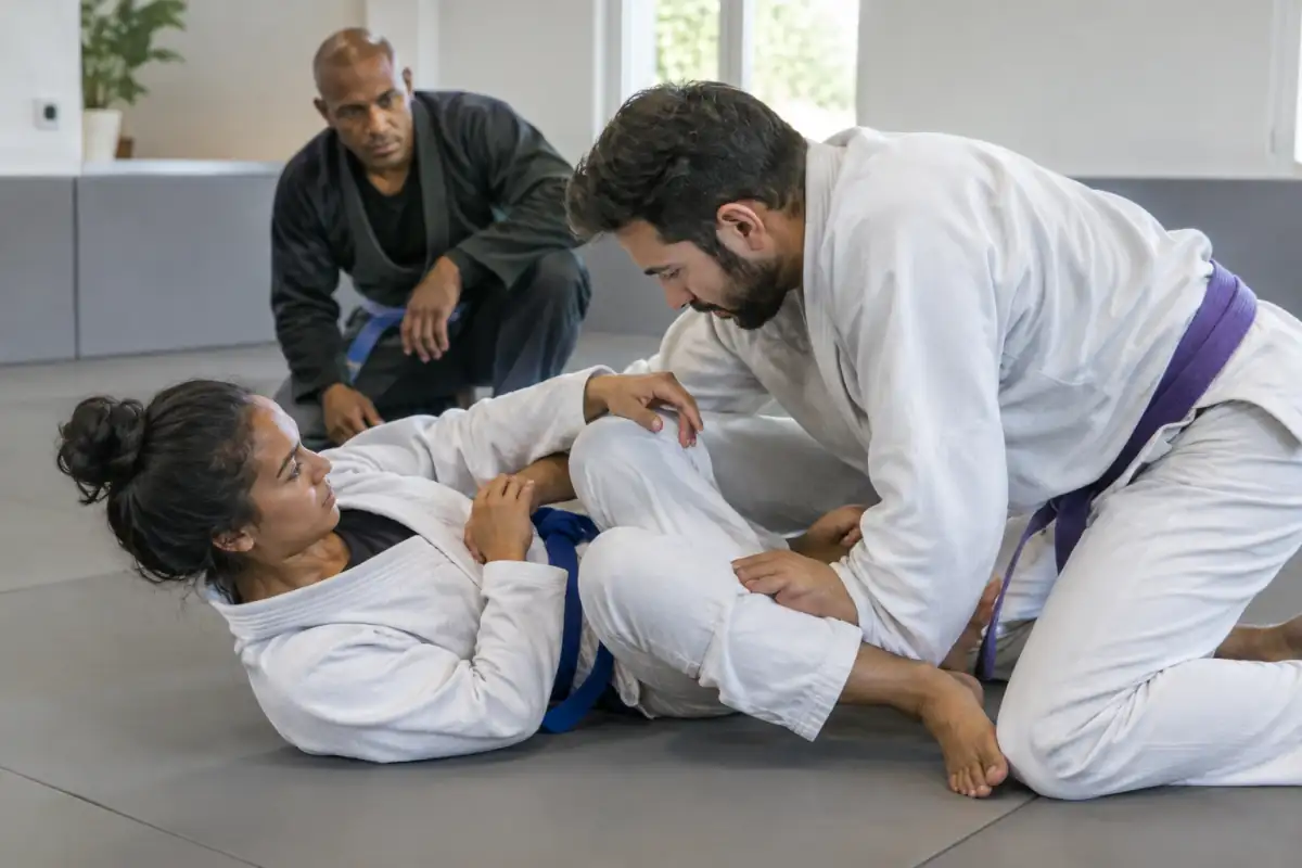 Débutants en jiu-jitsu brésilien répétant une sortie de contrôle au sol sous la supervision d’un professeur.