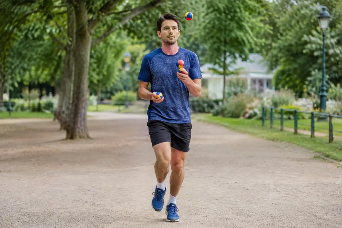 Un coureur pratique le joggling dans un parc en jonglant avec trois sacs souples pendant sa course.