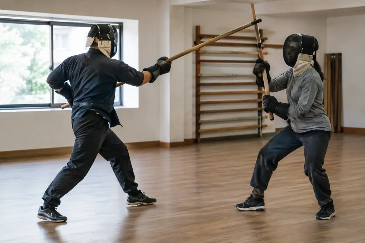 Deux pratiquants s’entraînent au jogo do pau avec un long bâton et des protections dans une salle de pratique.