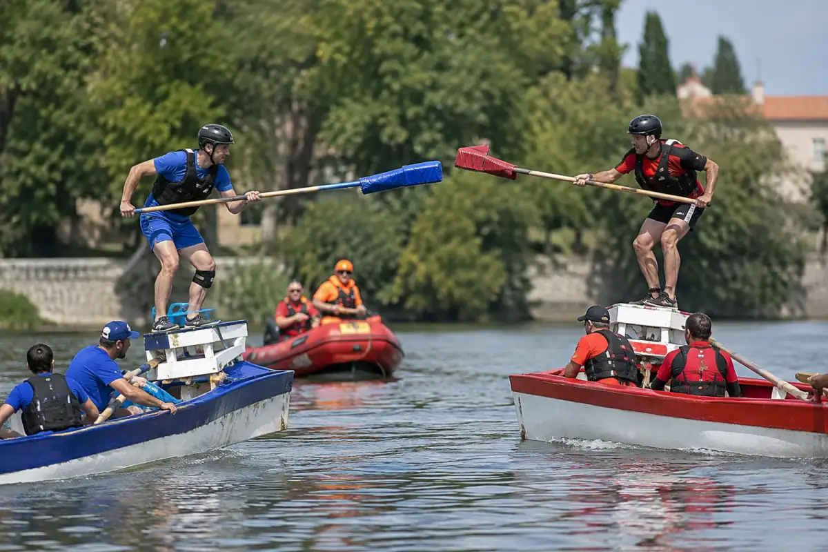 Joutes parisiennes sur une rivière : deux jouteurs en équilibre sur leurs embarcations engagent une passe à la lance.