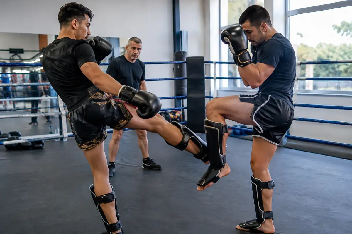 Deux pratiquants de K-1 travaillent un low kick et sa défense, avec gants et protège-tibias, dans un ring de club.