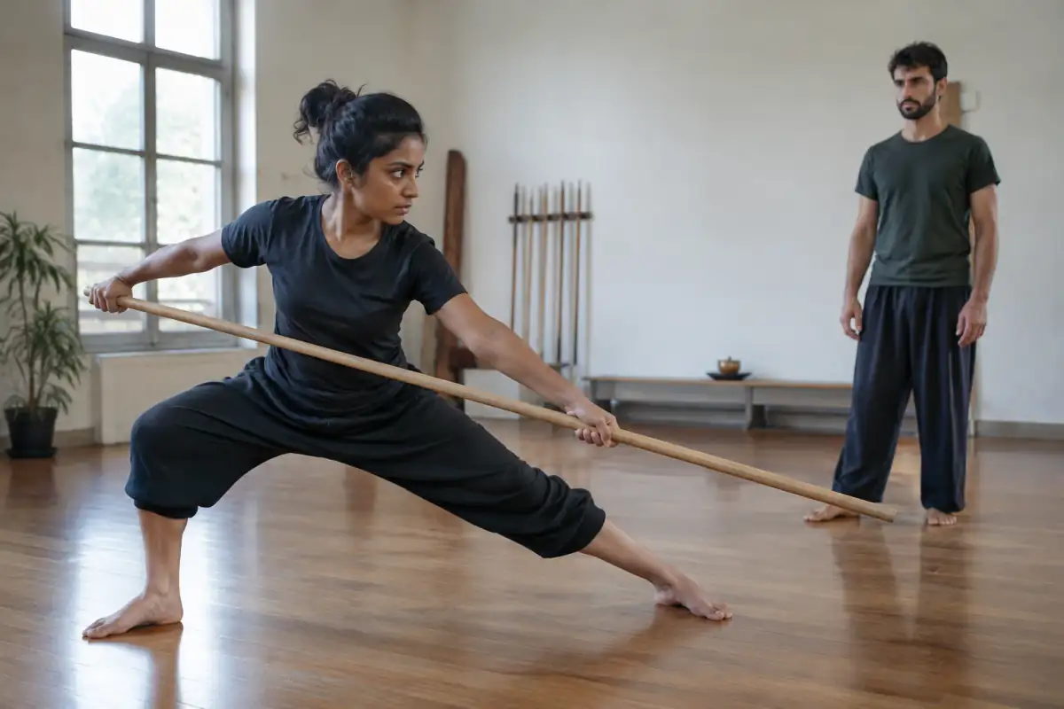 Deux adultes s’entraînent au kalaripayattu avec un bâton en bois dans une salle de pratique, sous le regard de leur partenaire.