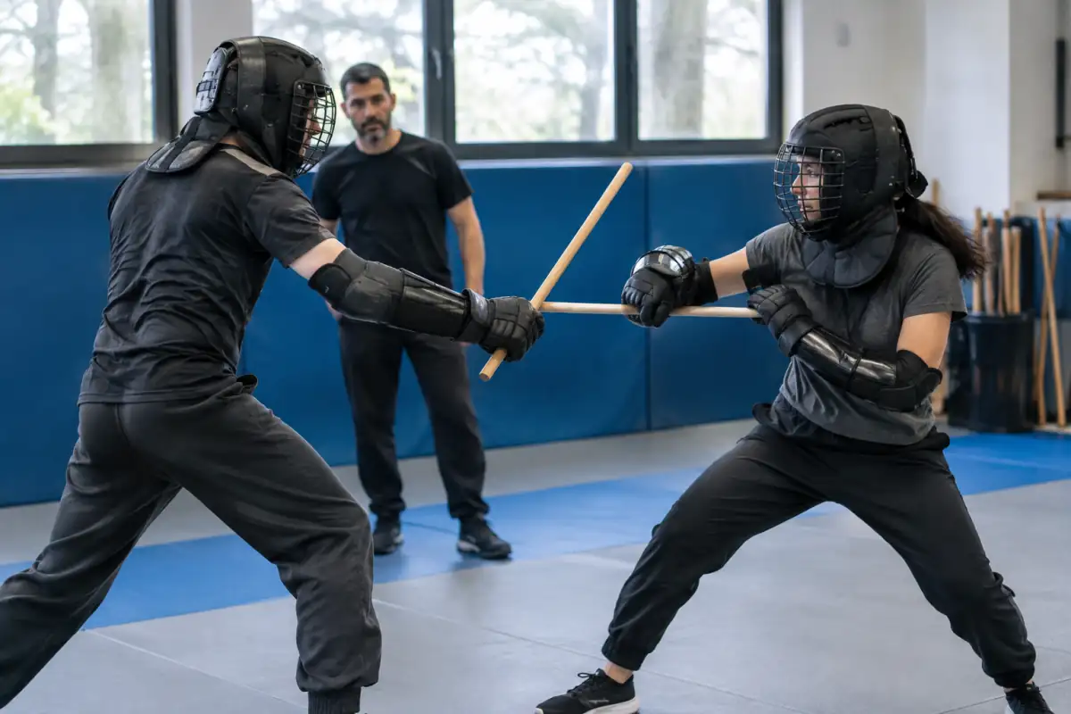 Deux pratiquants de kali en salle répètent un exercice contrôlé au bâton, avec casque à grille et protections.