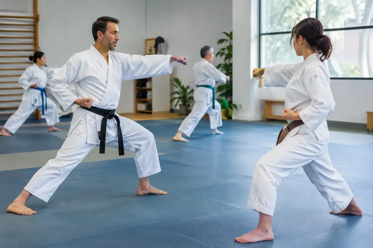 Un enseignant montre une posture et un coup de poing à un adulte débutant pendant un cours de karaté en dojo.