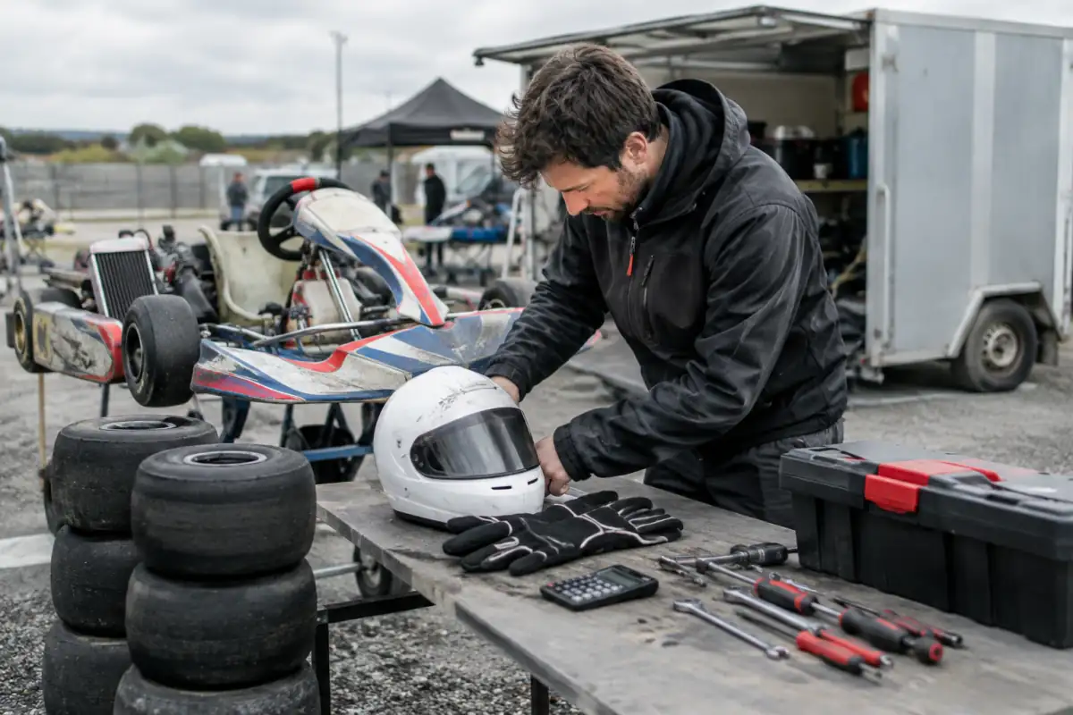 Kart personnel, pneus, protections et outils réunis dans un paddock, les principaux postes à prévoir pour budgéter une saison de karting.