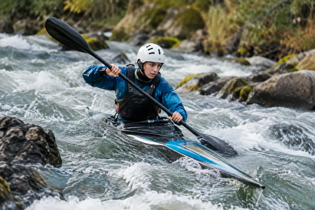 Un kayakiste en kayak de descente négocie une veine d’eau vive sur une rivière française, équipé d’un casque et d’un gilet.