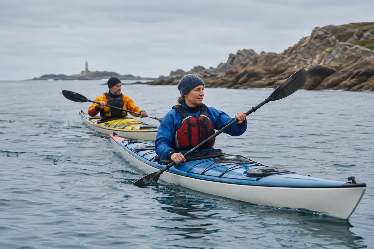 Deux kayakistes équipés de gilets et de jupes pagaient le long d’une côte rocheuse en kayak de mer.