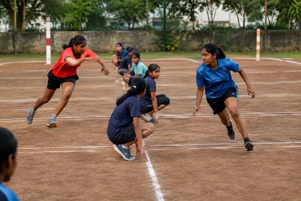 Match de kho-kho : un chasseur poursuit un coureur tandis que ses coéquipiers attendent assis le long de la ligne centrale.