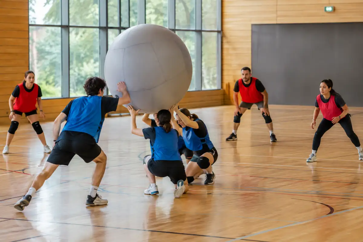 Des joueurs de kin-ball soutiennent le grand ballon gris dans un gymnase tandis que l’équipe adverse se prépare à le réceptionner.