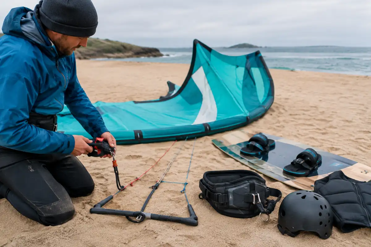 Aile freeride, barre, twin-tip, harnais et protections vérifiés sur le sable avant une session de kitesurf.