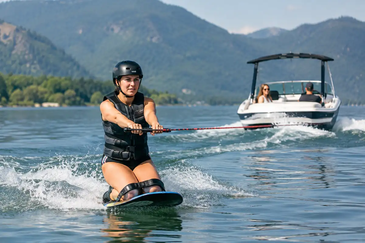 Un pratiquant de kneeboard glisse à genoux sur une planche tractée par un bateau, équipé d’un gilet et d’un casque.