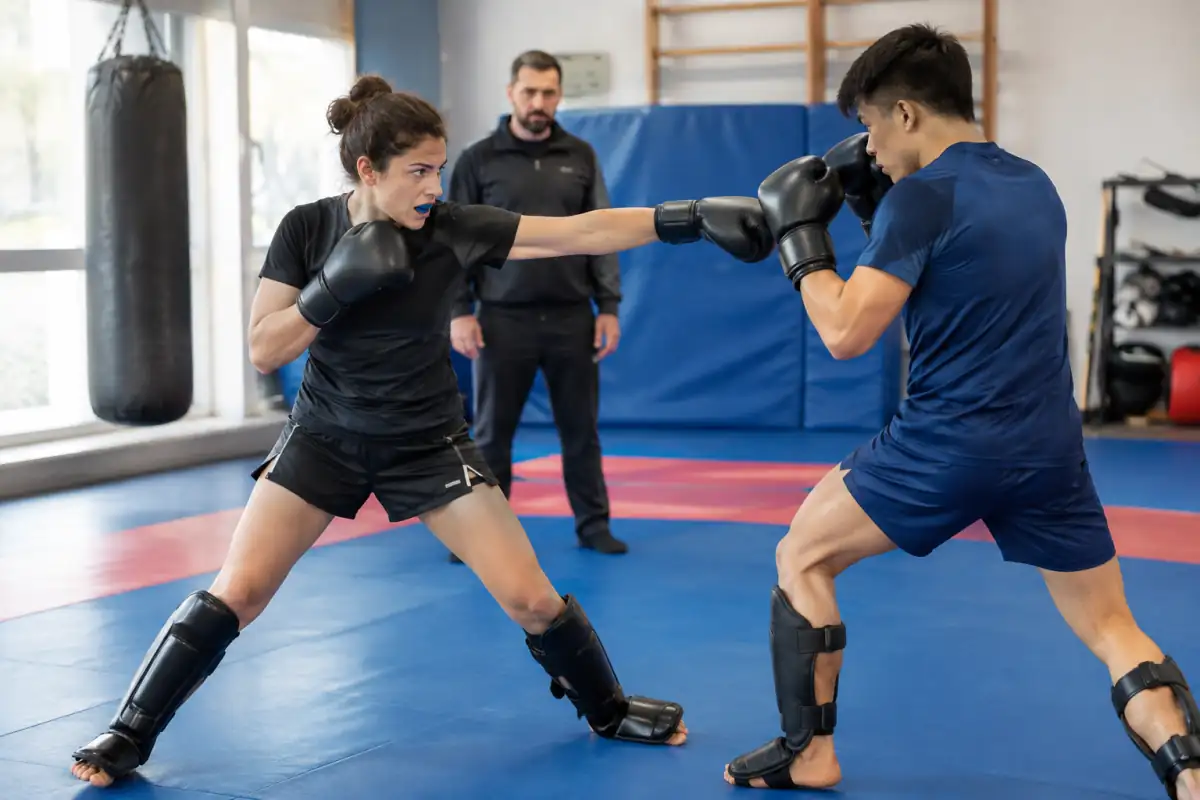 Deux pratiquants de kung-fu en protections travaillent un échange de sanda encadré dans une salle d’arts martiaux.