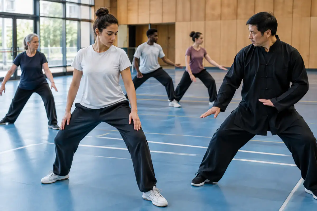 Un instructeur montre à une débutante une position de base lors d’un cours d’essai de kung-fu en club.