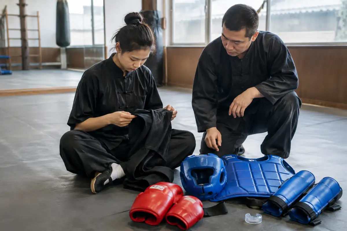 Un débutant vérifie sa tenue et ses chaussures de kung-fu à côté de protections de sanda dans une salle d’entraînement.