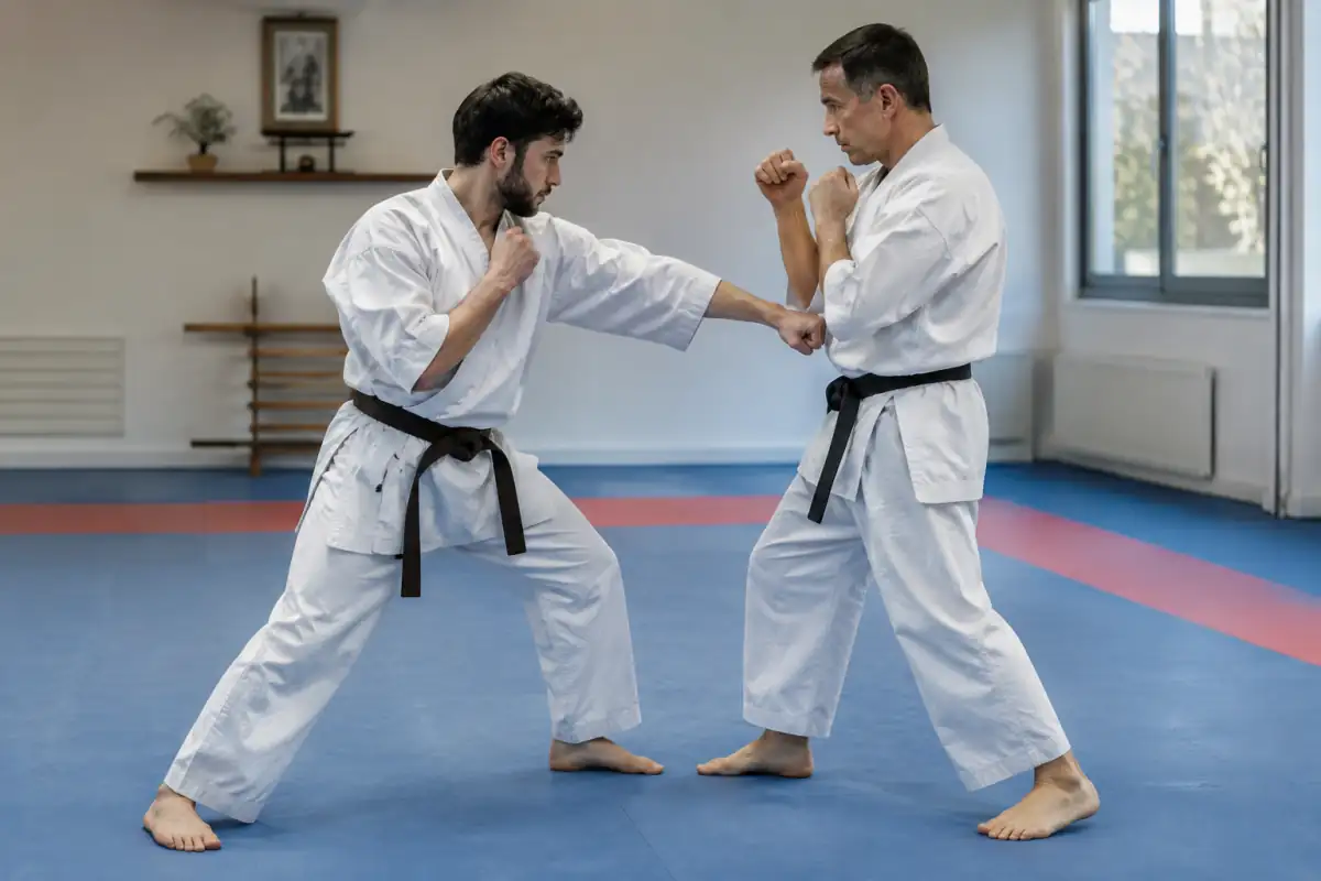 Deux karatékas en kimono travaillent une attaque au corps lors d’un entraînement contrôlé de kyokushin dans un dojo.
