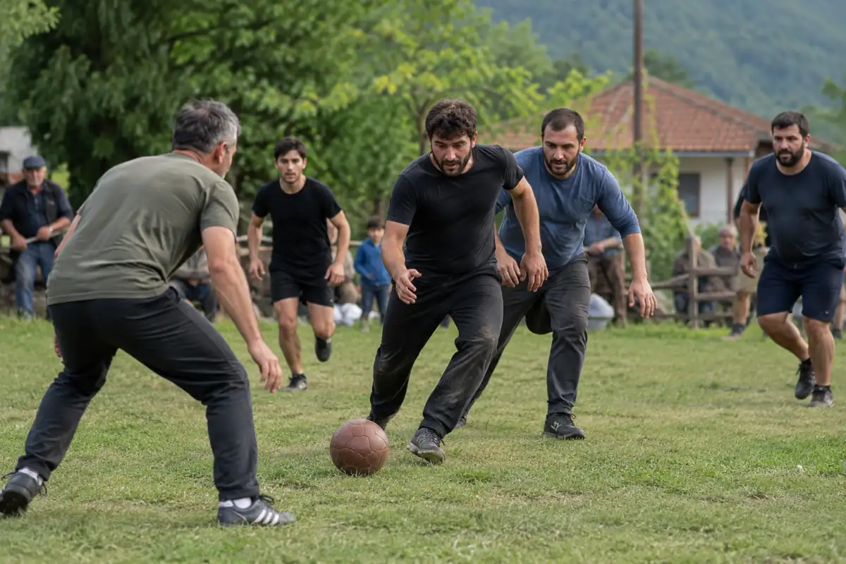 Des joueurs adultes disputent une balle souple sur un terrain de village lors d’une initiation au lelo burti géorgien.
