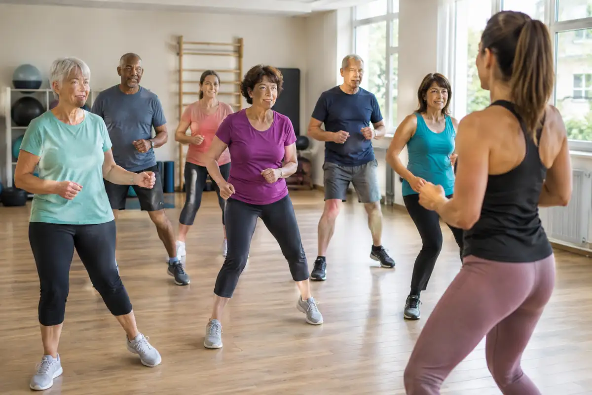 Des participants suivent un cours de LIA en salle en réalisant des pas latéraux rythmés sans sauts répétés.
