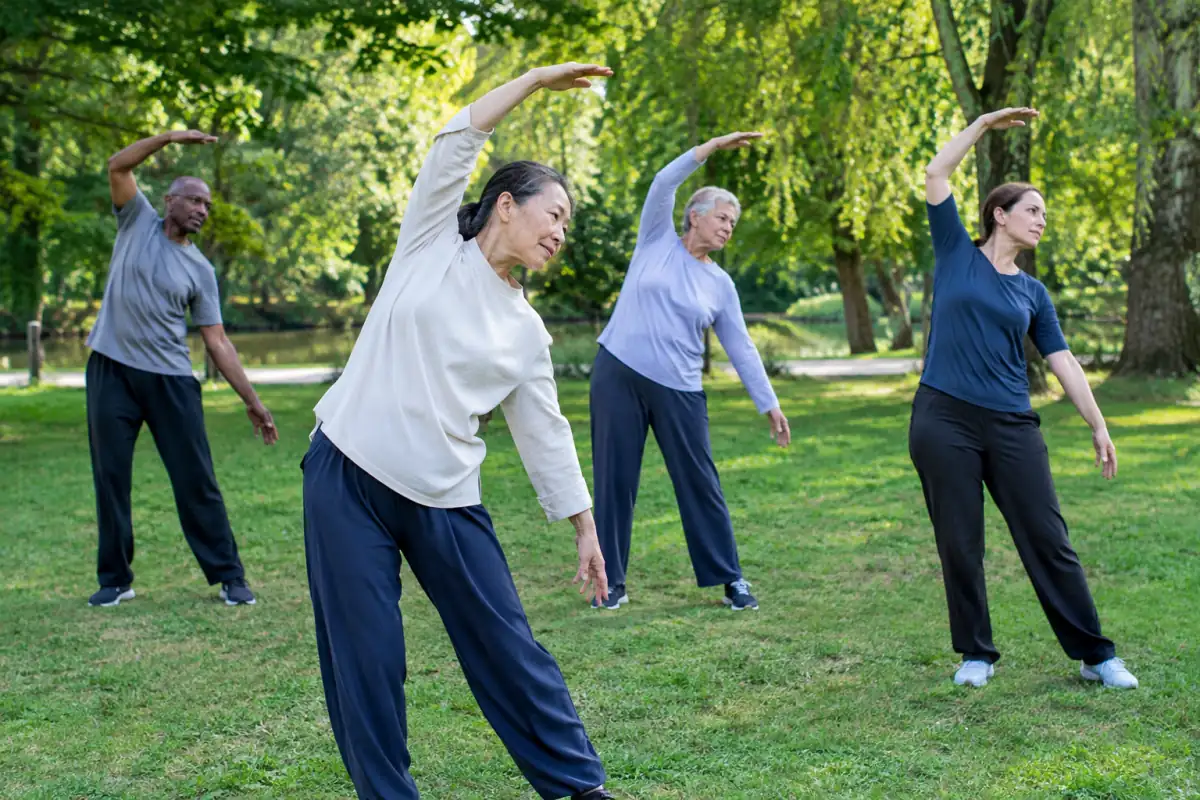 Séance de Lian Gong en plein air : des pratiquants réalisent lentement des mouvements d’ouverture des épaules et d’étirement du dos.