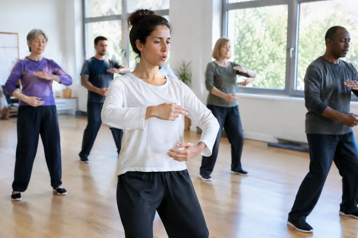 Une pratiquante exécute un mouvement lent du Liu Zi Jue dans une salle de qi gong, avec une expiration sonore et les bras détendus.