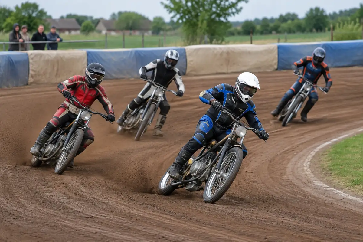 Course de long track moto : quatre pilotes en glisse dans un virage sur une piste ovale en terre.