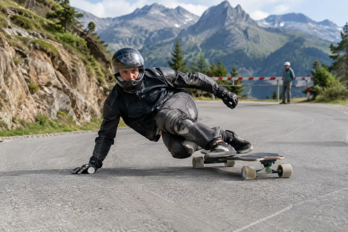 Un rideur en casque intégral effectue un dérapage contrôlé en longboard freeride sur une route fermée et sèche.